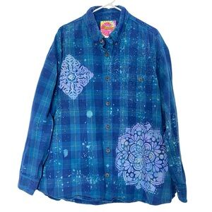 Handmade Floral Denim Flannel Shirt Mens Size 2XL Unisex Blue Plaid Button Down